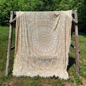 Vintage MCM Chenille Golden Yellow Flower Medallion Textured Bedspread Cover